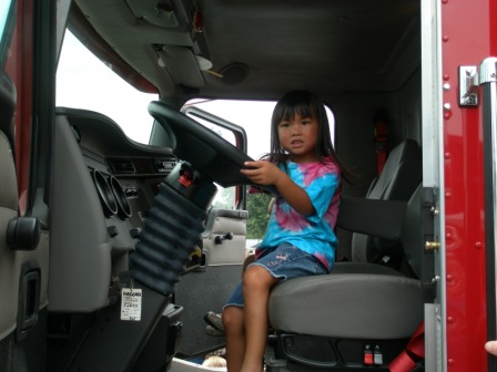 Kasen driving the fire truck
